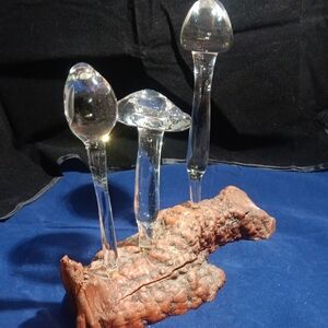 Glass Mushroom Sculpture on Wood Base